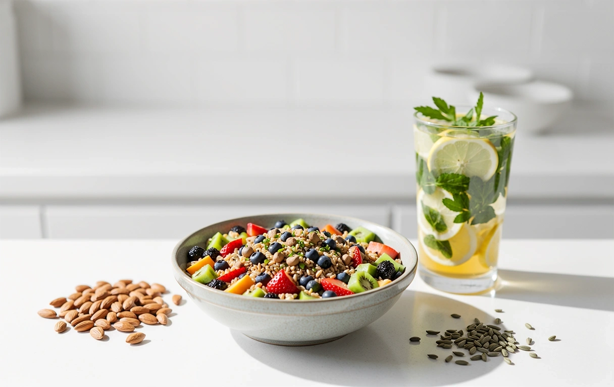 Frische, unverarbeitete Lebensmittel auf einer hellen Arbeitsfläche